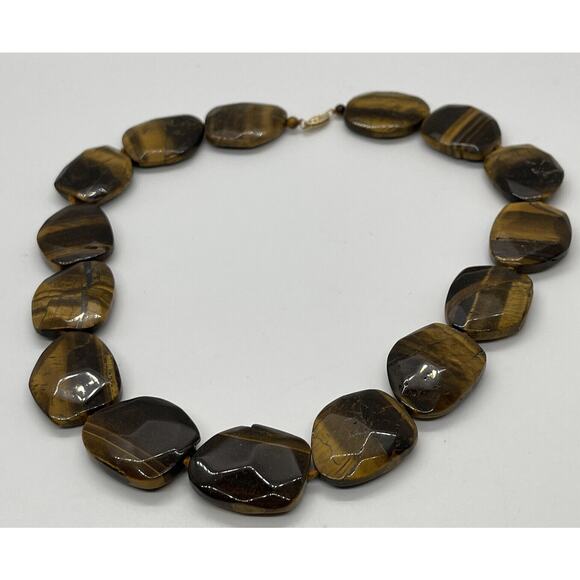 GSJ Signed 14k Gold Tigers Eye Necklace Chunk Stone Heavy Statement 18” Strand - Picture 4 of 9